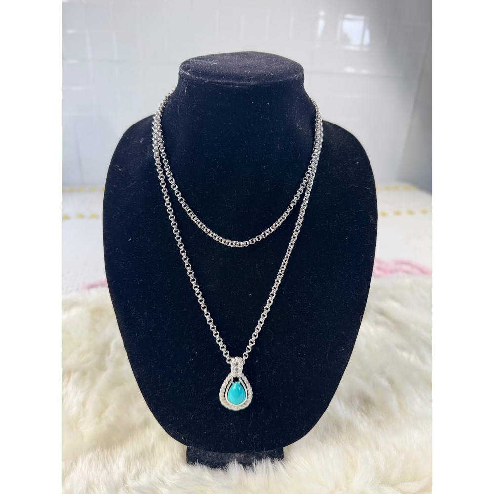 AVON Silver Tone Teardrop Turquoise Pendant‎ Necklace Chain Layered vtg